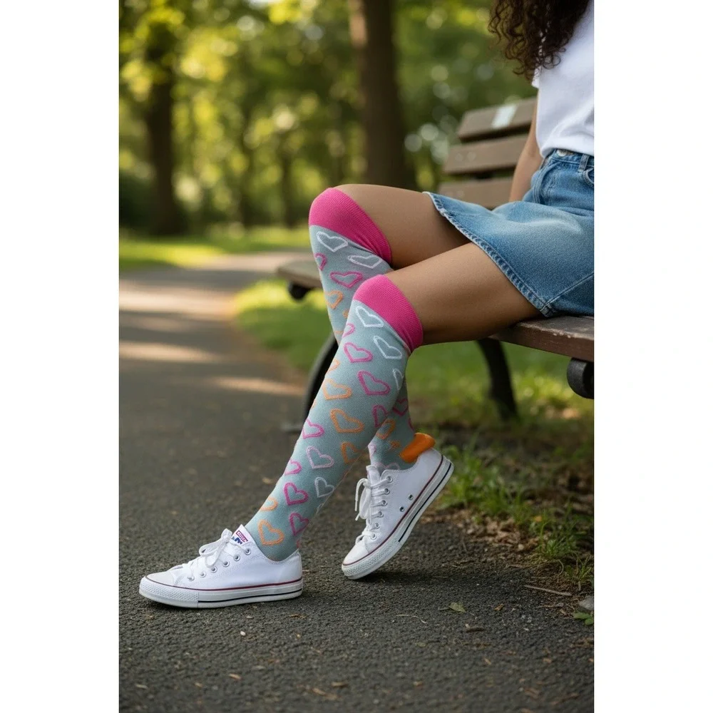 EXTREME FIT Women Knee High Socks Heart Pattern Pink Orange White‎ Gray